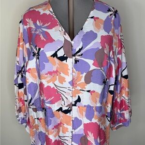 NWT Liz Claiborne Blouse Womens 3X Floral Print V Neck Button 3/4 Sleeve Top